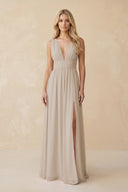 V - Neck A - Line Chiffon Ruched Bridesmaid Dress in Frost - SHE IS ME Bridesmaid Dresses
