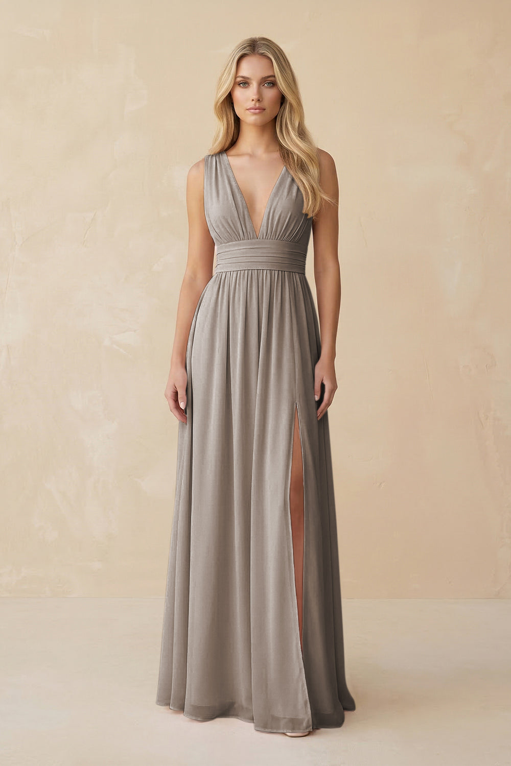 V-Neck A-Line Chiffon Ruched Bridesmaid Dress in Frost