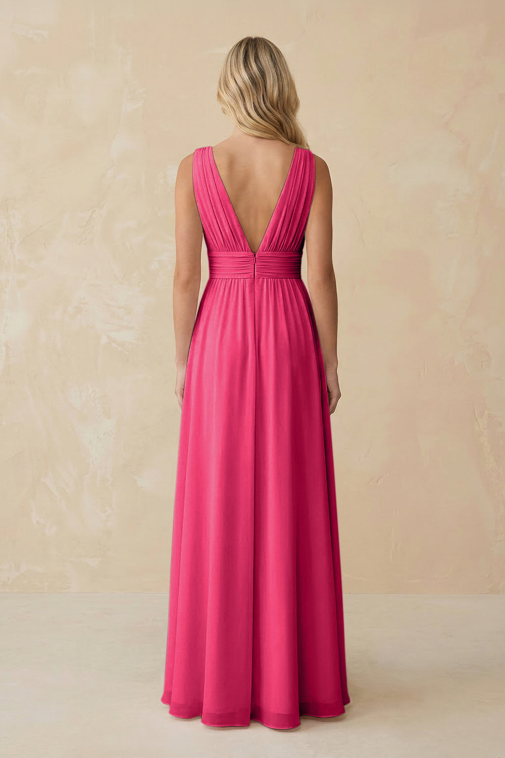 V-Neck A-Line Chiffon Ruched Bridesmaid Dress in Fuchsia