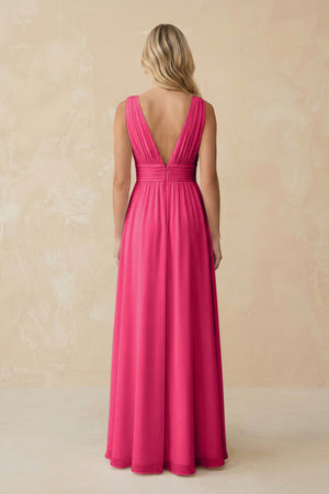 V-Neck A-Line Chiffon Ruched Bridesmaid Dress in Fuchsia (2) | KISSBRIDAL