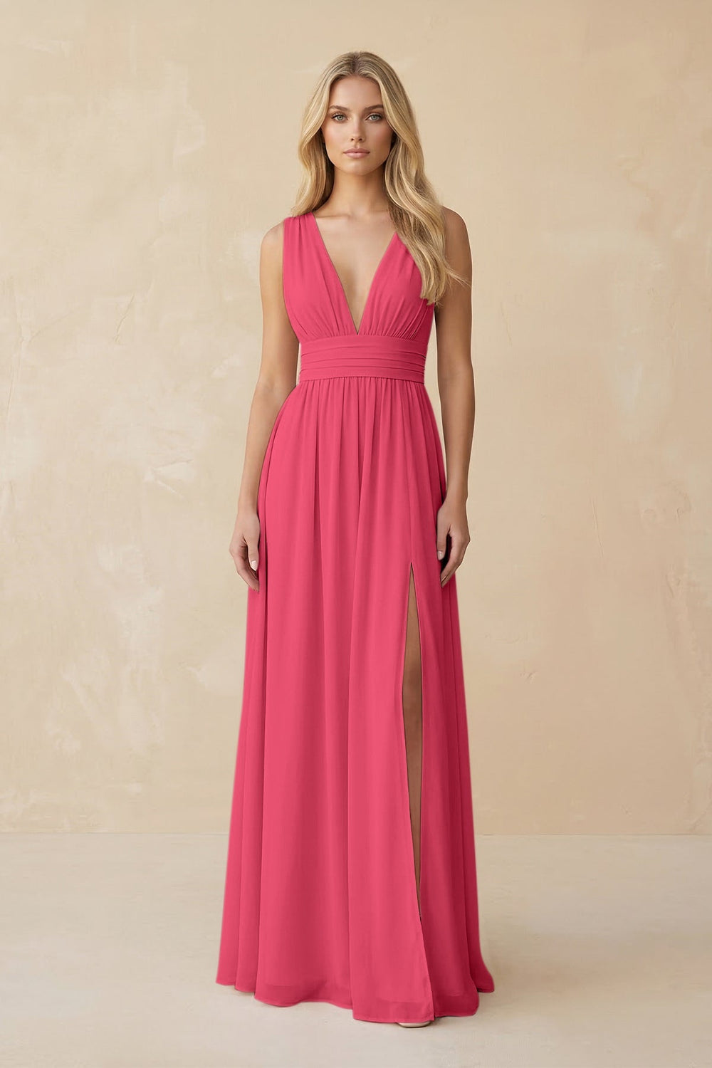 V - Neck A - Line Chiffon Ruched Bridesmaid Dress in Fuchsia - KISS BRIDAL Bridesmaid Dresses