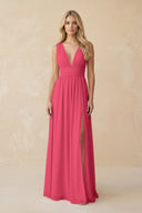 V - Neck A - Line Chiffon Ruched Bridesmaid Dress in Fuchsia - SHE IS ME Bridesmaid Dresses
