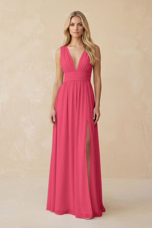 V - Neck A - Line Chiffon Ruched Bridesmaid Dress in Fuchsia - SHE IS ME Bridesmaid Dresses