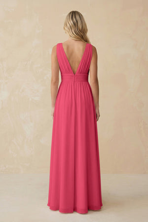 V - Neck A - Line Chiffon Ruched Bridesmaid Dress in Fuchsia - SHE IS ME Bridesmaid Dresses