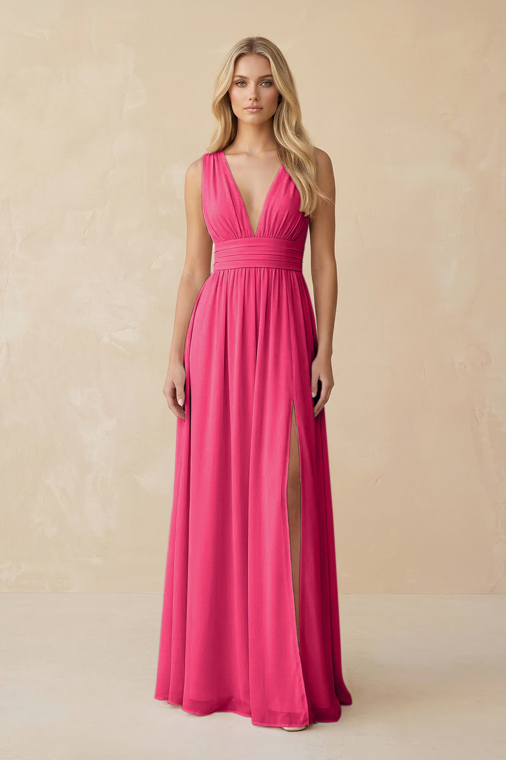 V-Neck A-Line Chiffon Ruched Bridesmaid Dress in Fuchsia