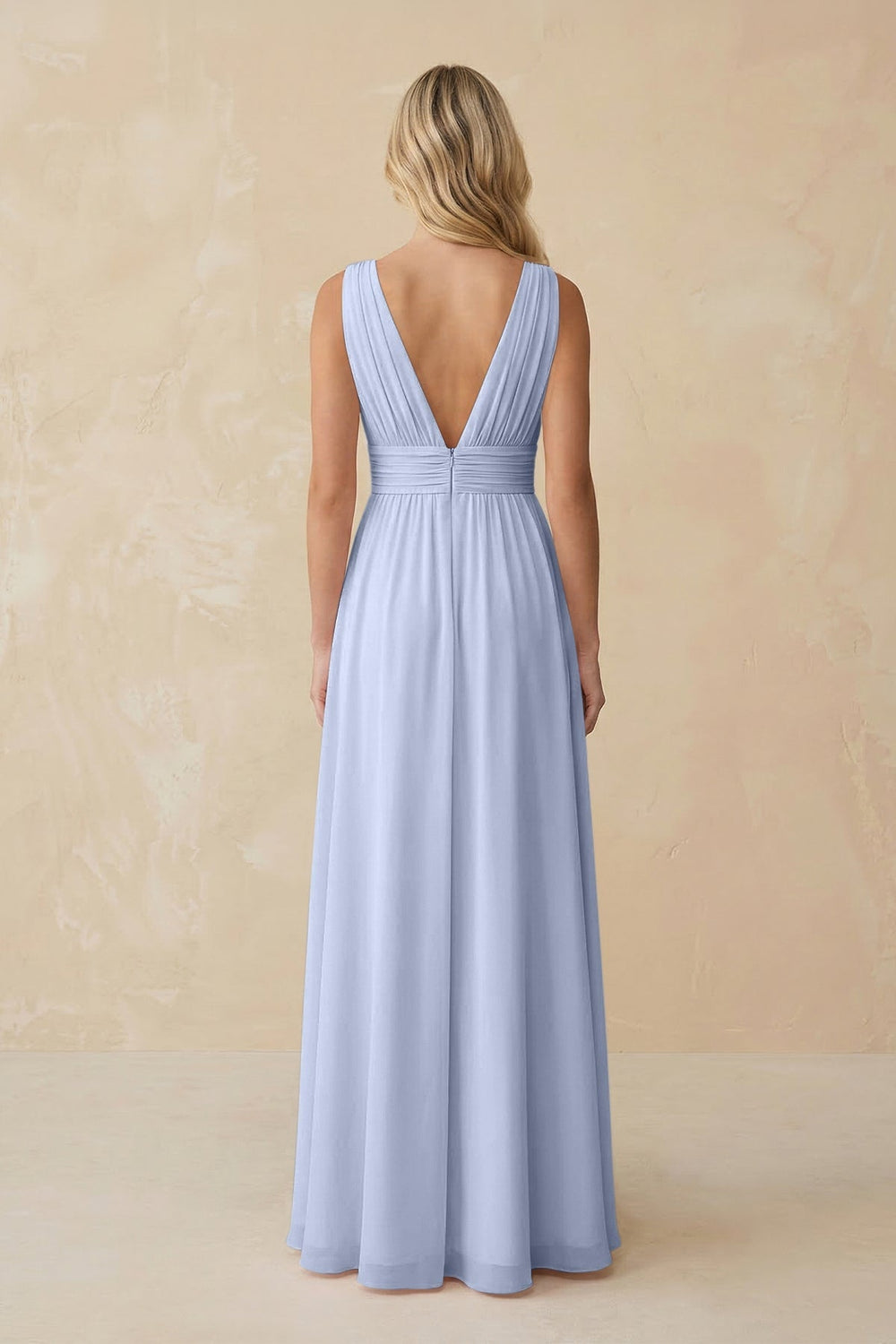 V - Neck A - Line Chiffon Ruched Bridesmaid Dress in Ice - KISS BRIDAL Bridesmaid Dresses