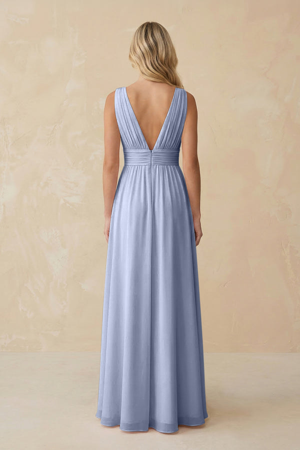 V-Neck A-Line Chiffon Ruched Bridesmaid Dress in Ice (2) | KISSBRIDAL