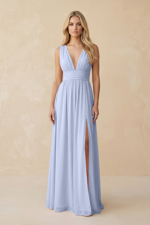 V - Neck A - Line Chiffon Ruched Bridesmaid Dress in Ice - SHE IS ME Bridesmaid Dresses