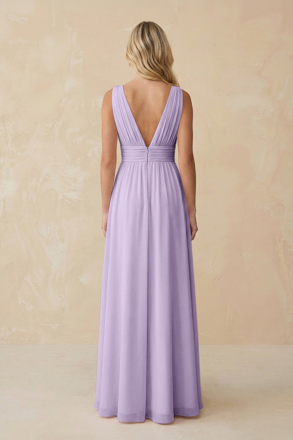 V - Neck A - Line Chiffon Ruched Bridesmaid Dress in Lavender - SHE IS ME Bridesmaid Dresses