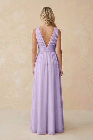 V - Neck A - Line Chiffon Ruched Bridesmaid Dress in Lavender - SHE IS ME Bridesmaid Dresses