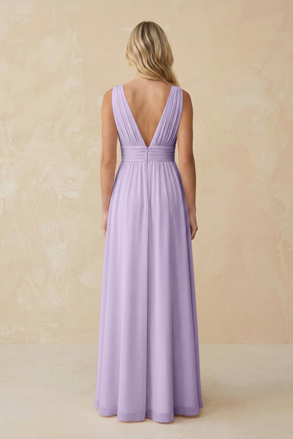 V - Neck A - Line Chiffon Ruched Bridesmaid Dress in Lavender - SHE IS ME Bridesmaid Dresses