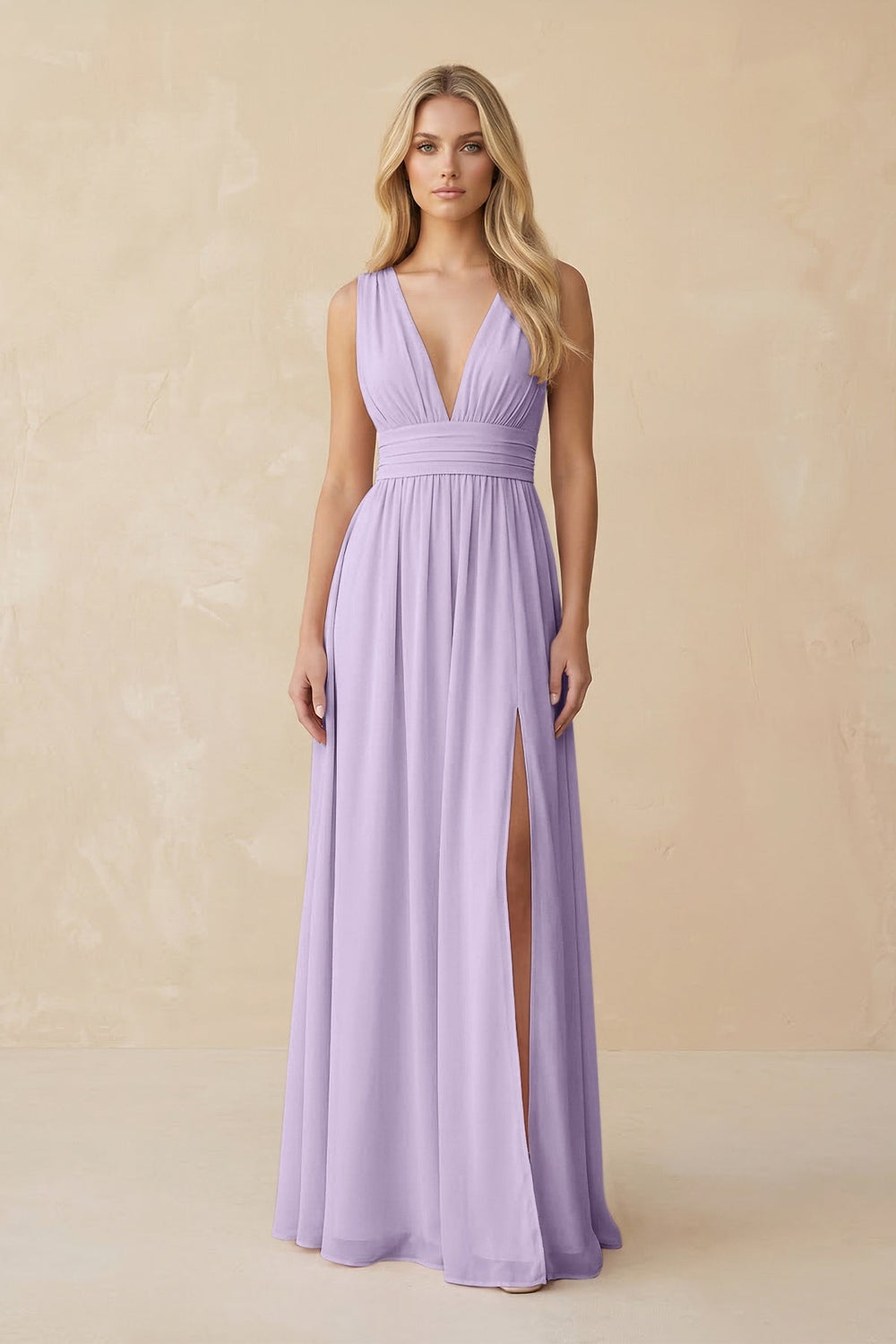 V - Neck A - Line Chiffon Ruched Bridesmaid Dress in Lavender - SHE IS ME Bridesmaid Dresses
