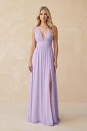 V - Neck A - Line Chiffon Ruched Bridesmaid Dress in Lavender - SHE IS ME Bridesmaid Dresses