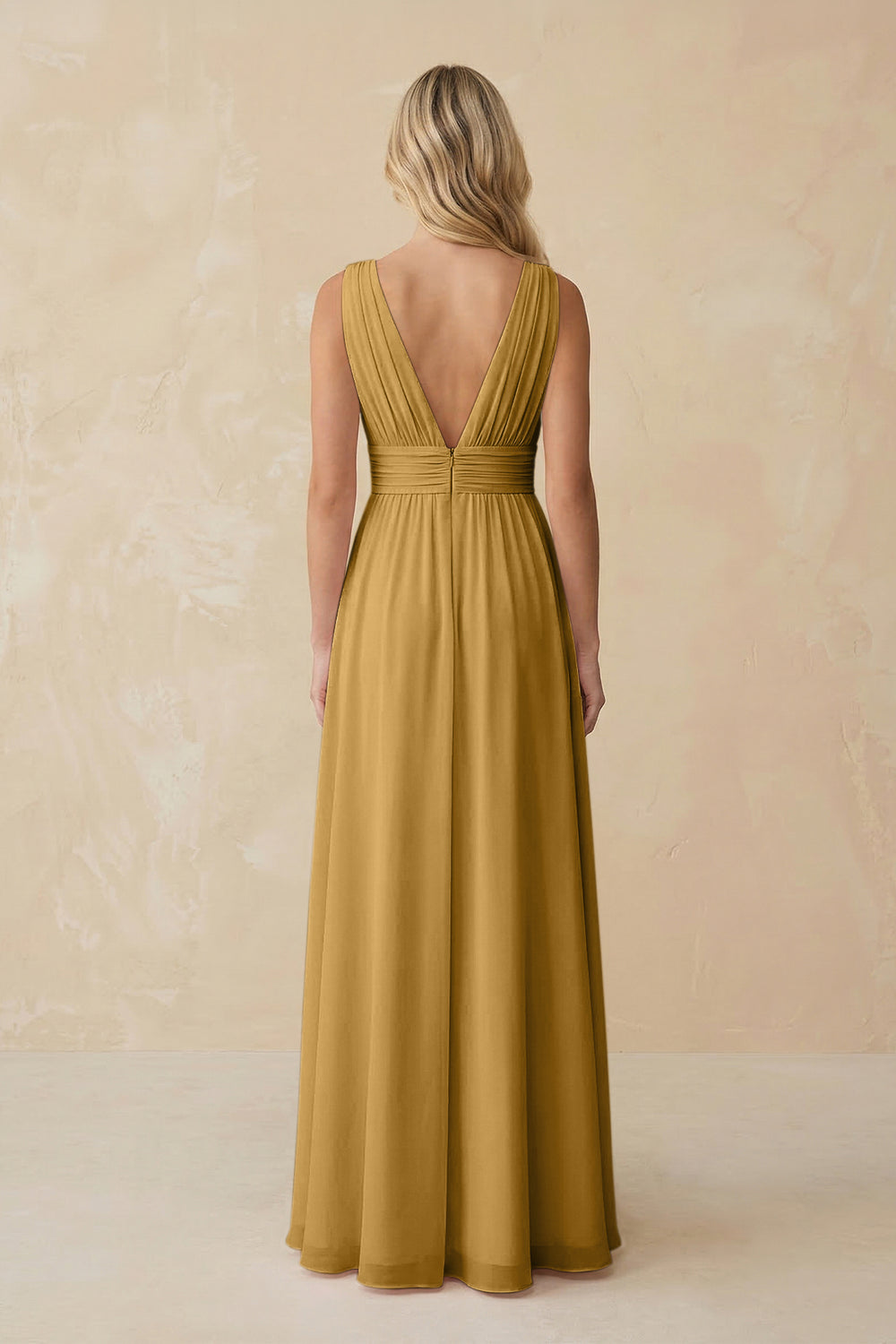 V-Neck A-Line Chiffon Ruched Bridesmaid Dress in Marigold