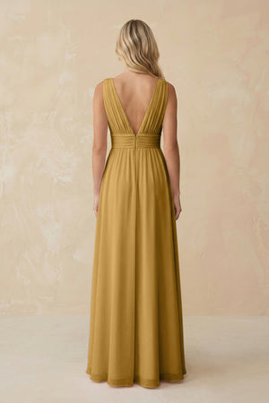 V-Neck A-Line Chiffon Ruched Bridesmaid Dress in Marigold (2) | KISSBRIDAL