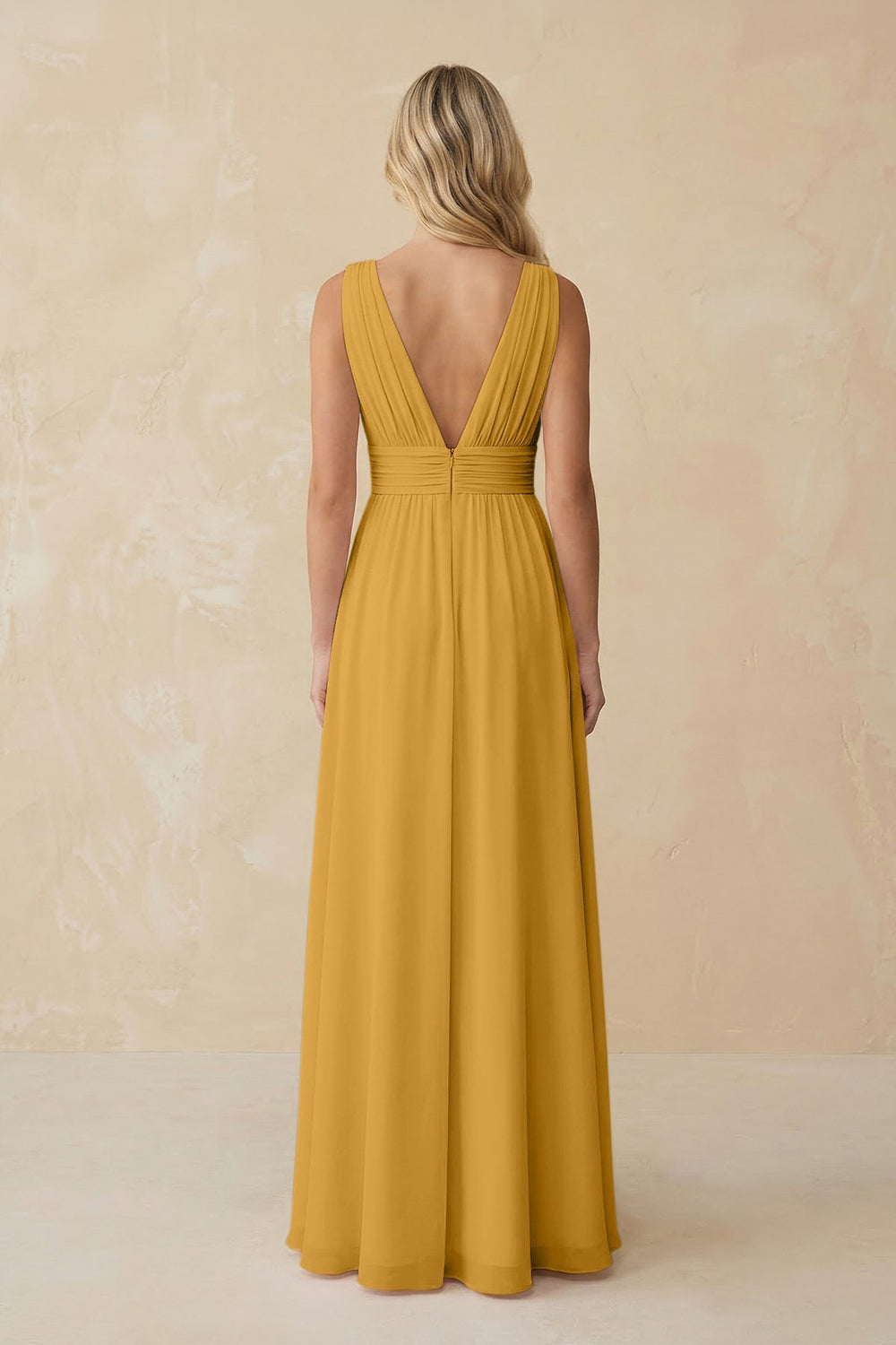 V - Neck A - Line Chiffon Ruched Bridesmaid Dress in Marigold - KISS BRIDAL Bridesmaid Dresses