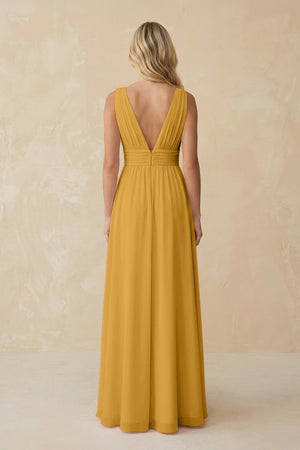 V - Neck A - Line Chiffon Ruched Bridesmaid Dress in Marigold - SHE IS ME Bridesmaid Dresses