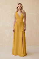 V - Neck A - Line Chiffon Ruched Bridesmaid Dress in Marigold - SHE IS ME Bridesmaid Dresses