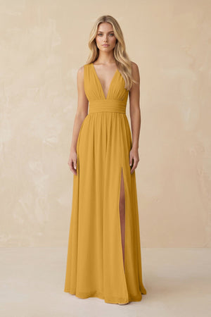 V - Neck A - Line Chiffon Ruched Bridesmaid Dress in Marigold - SHE IS ME Bridesmaid Dresses
