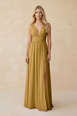 V-Neck A-Line Chiffon Ruched Bridesmaid Dress in Marigold | KISSBRIDAL