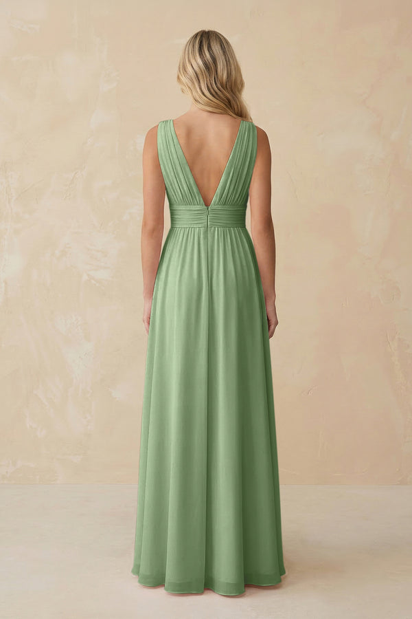 V-Neck A-Line Chiffon Ruched Bridesmaid Dress in Matcha (2) | KISSBRIDAL