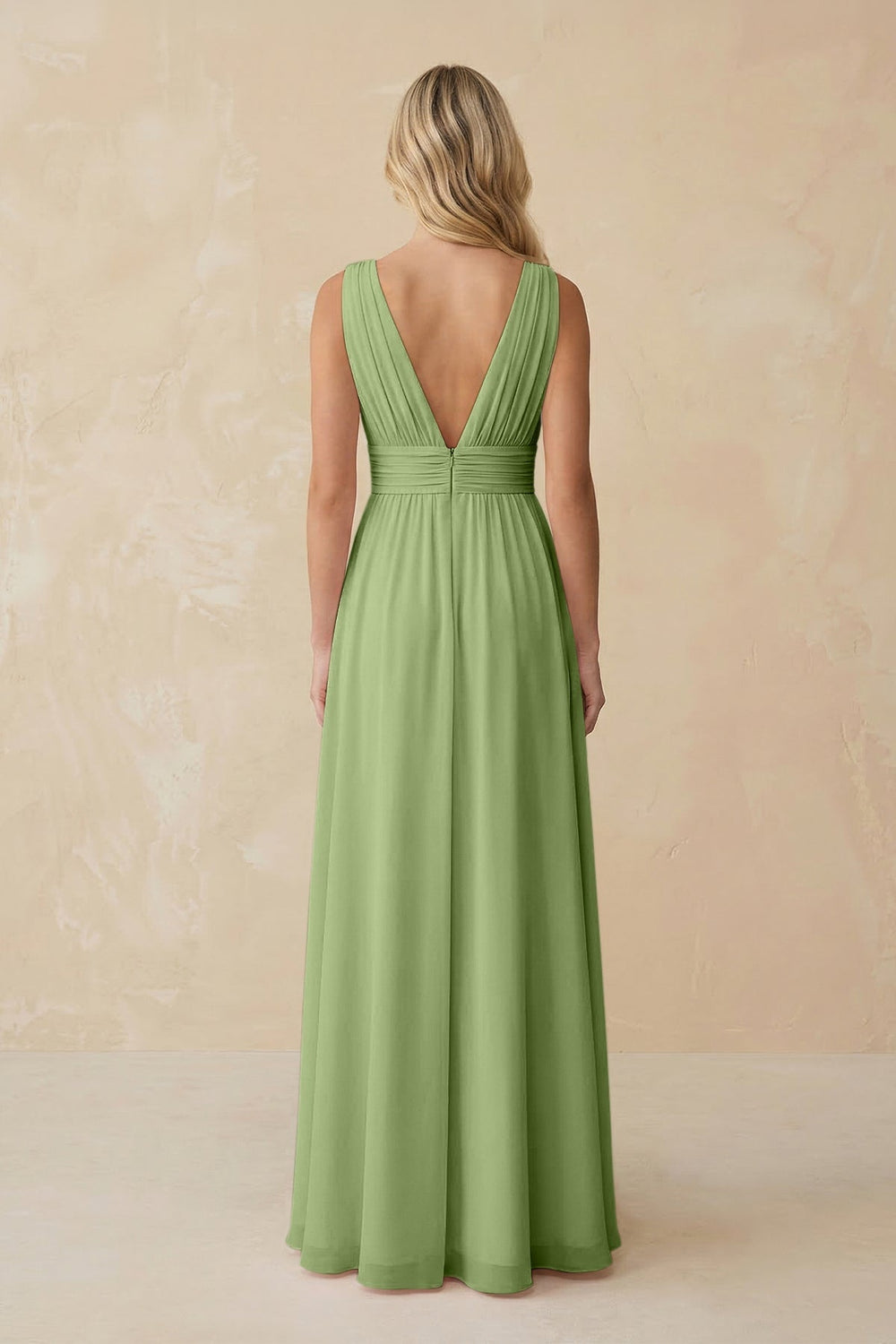 V - Neck A - Line Chiffon Ruched Bridesmaid Dress in Matcha - KISS BRIDAL Bridesmaid Dresses