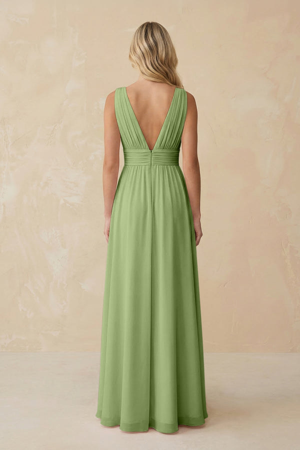 V - Neck A - Line Chiffon Ruched Bridesmaid Dress in Matcha - SHE IS ME Bridesmaid Dresses