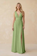 V - Neck A - Line Chiffon Ruched Bridesmaid Dress in Matcha - SHE IS ME Bridesmaid Dresses