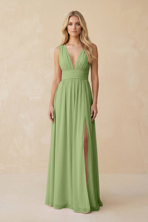 V - Neck A - Line Chiffon Ruched Bridesmaid Dress in Matcha - SHE IS ME Bridesmaid Dresses