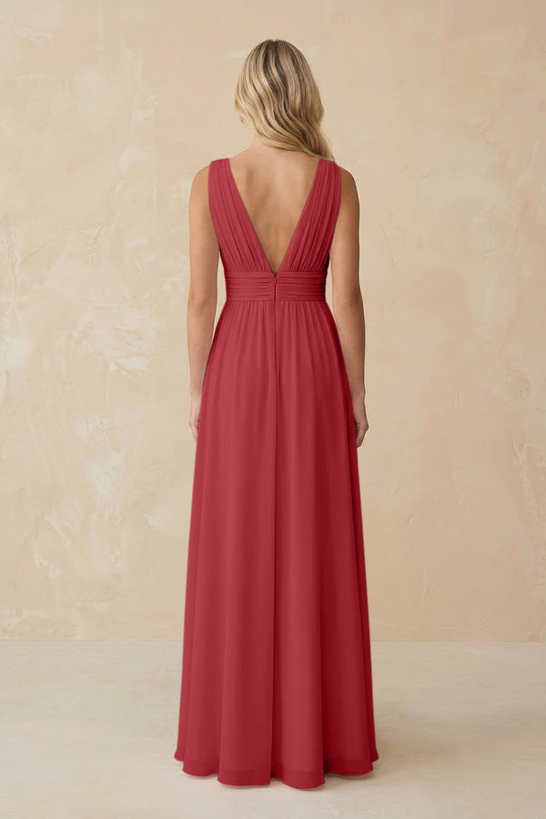 V - Neck A - Line Chiffon Ruched Bridesmaid Dress in Merlot - SHE IS ME Bridesmaid Dresses