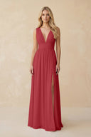 V - Neck A - Line Chiffon Ruched Bridesmaid Dress in Merlot - SHE IS ME Bridesmaid Dresses