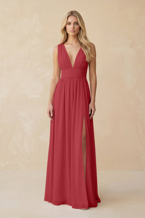 V - Neck A - Line Chiffon Ruched Bridesmaid Dress in Merlot - SHE IS ME Bridesmaid Dresses