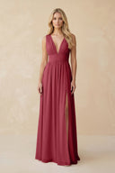 V-Neck A-Line Chiffon Ruched Bridesmaid Dress in Merlot | KISSBRIDAL