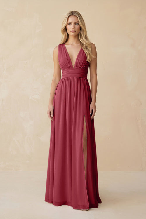 V-Neck A-Line Chiffon Ruched Bridesmaid Dress in Merlot | KISSBRIDAL