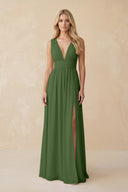 V - Neck A - Line Chiffon Ruched Bridesmaid Dress in Moss - SHE IS ME Bridesmaid Dresses