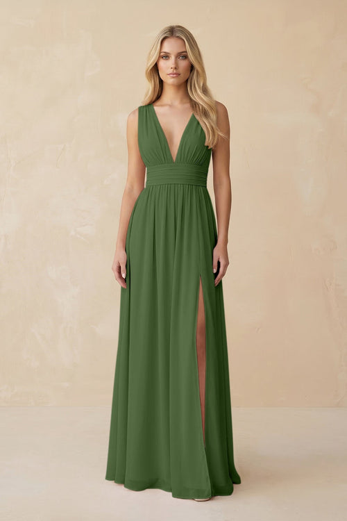 V - Neck A - Line Chiffon Ruched Bridesmaid Dress in Moss - SHE IS ME Bridesmaid Dresses