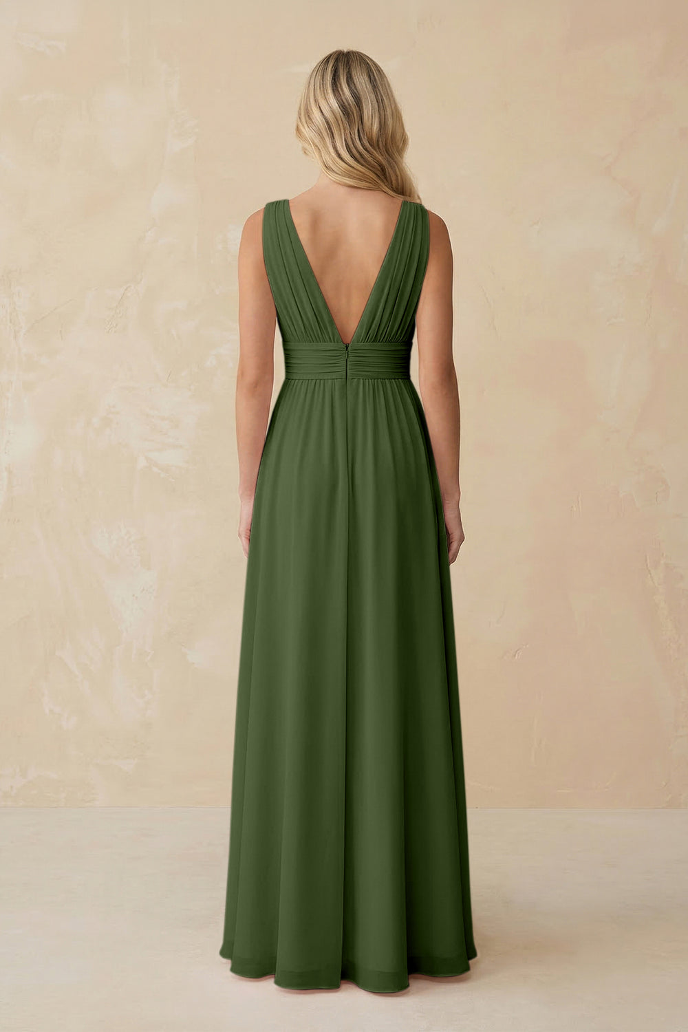 V-Neck A-Line Chiffon Ruched Bridesmaid Dress in Moss