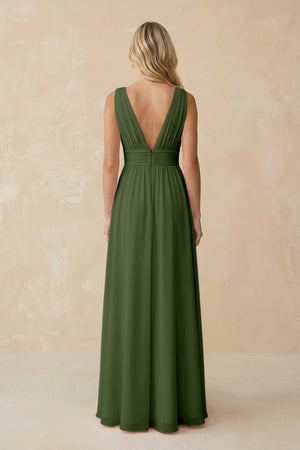 V-Neck A-Line Chiffon Ruched Bridesmaid Dress in Moss (2) | KISSBRIDAL