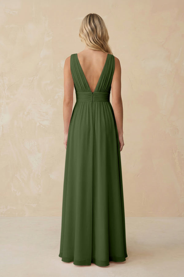 V-Neck A-Line Chiffon Ruched Bridesmaid Dress in Moss (2) | KISSBRIDAL