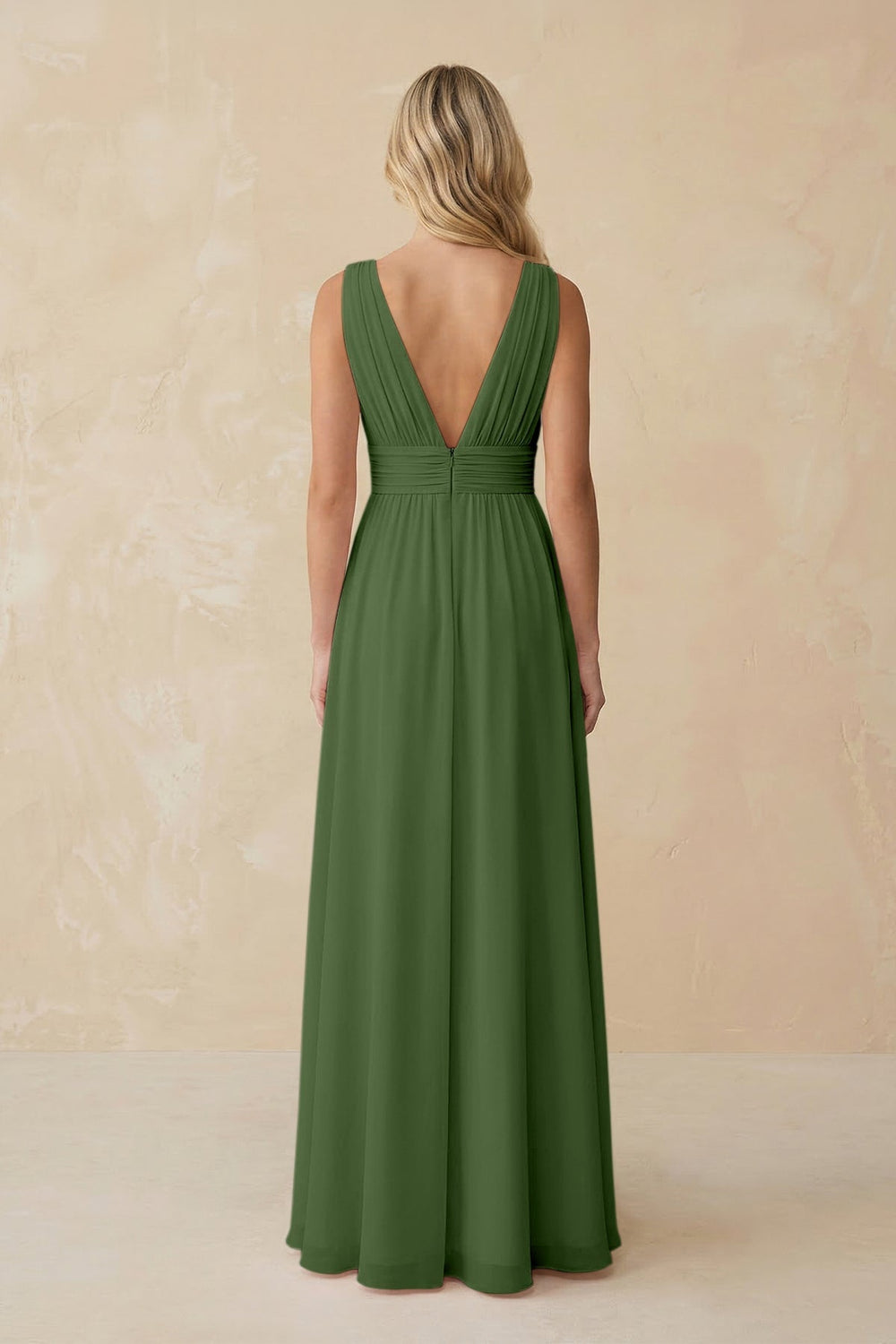 V - Neck A - Line Chiffon Ruched Bridesmaid Dress in Moss - KISS BRIDAL Bridesmaid Dresses