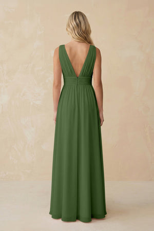 V - Neck A - Line Chiffon Ruched Bridesmaid Dress in Moss - SHE IS ME Bridesmaid Dresses
