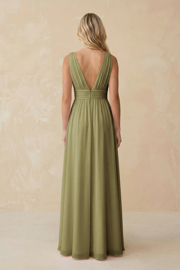 V-Neck A-Line Chiffon Ruched Bridesmaid Dress in Moss Green (2) | KISSBRIDAL