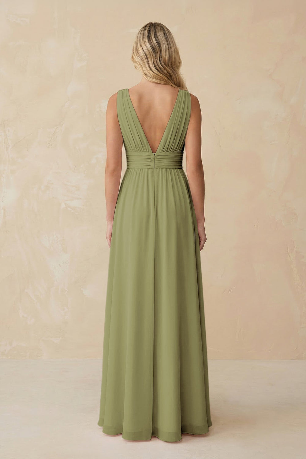 V - Neck A - Line Chiffon Ruched Bridesmaid Dress in Moss Green - KISS BRIDAL Bridesmaid Dresses