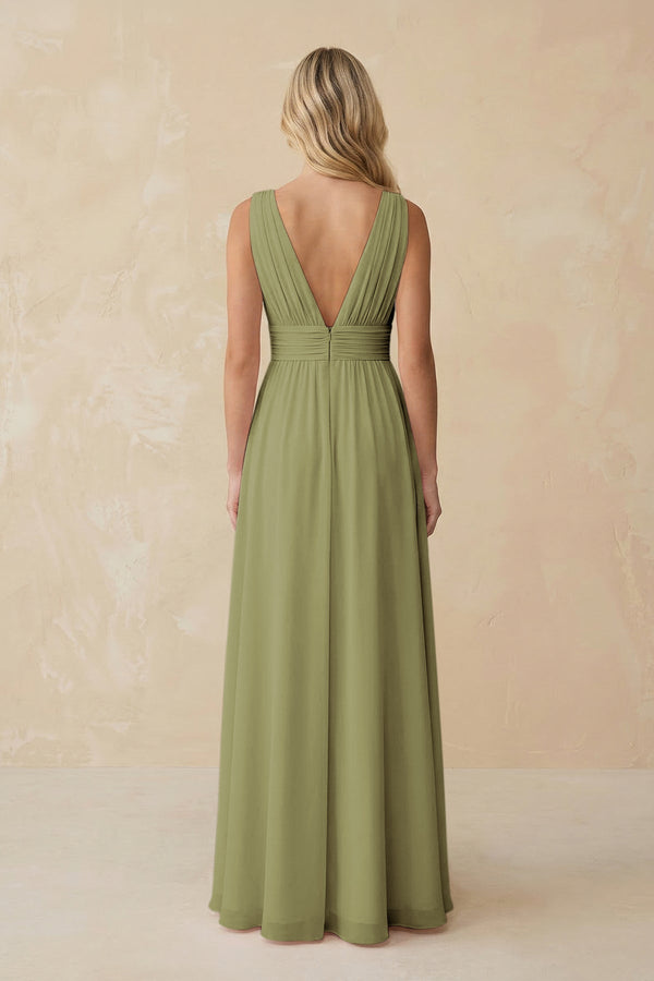 V - Neck A - Line Chiffon Ruched Bridesmaid Dress in Moss Green - SHE IS ME Bridesmaid Dresses