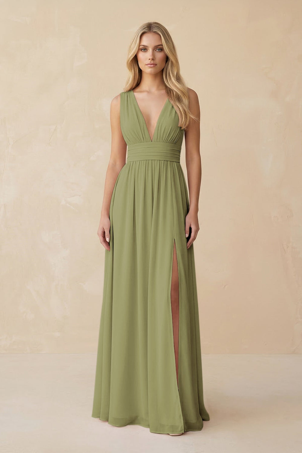 V - Neck A - Line Chiffon Ruched Bridesmaid Dress in Moss Green - KISS BRIDAL Bridesmaid Dresses