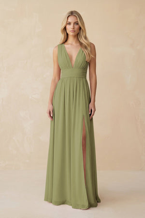 V - Neck A - Line Chiffon Ruched Bridesmaid Dress in Moss Green - SHE IS ME Bridesmaid Dresses