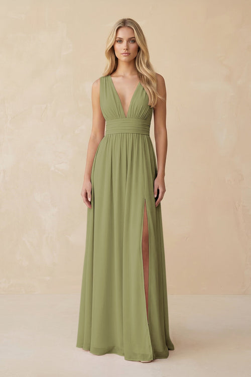 V - Neck A - Line Chiffon Ruched Bridesmaid Dress in Moss Green - SHE IS ME Bridesmaid Dresses