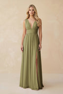 V-Neck A-Line Chiffon Ruched Bridesmaid Dress in Moss Green | KISSBRIDAL