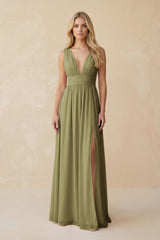 V-Neck A-Line Chiffon Ruched Bridesmaid Dress in Moss Green | KISSBRIDAL