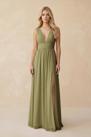 V-Neck A-Line Chiffon Ruched Bridesmaid Dress in Moss Green | KISSBRIDAL